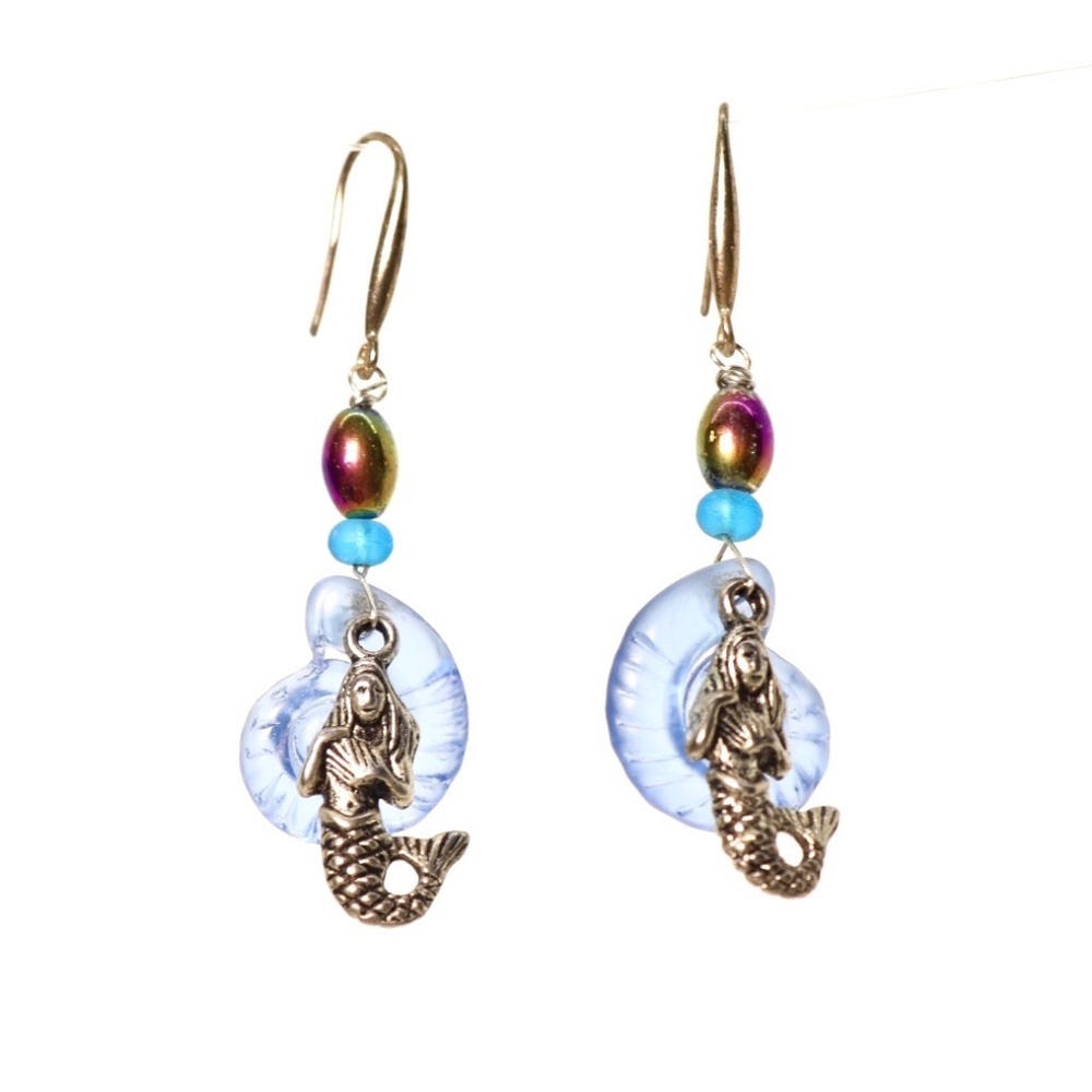 Silver Mermaid on Shell Earrings